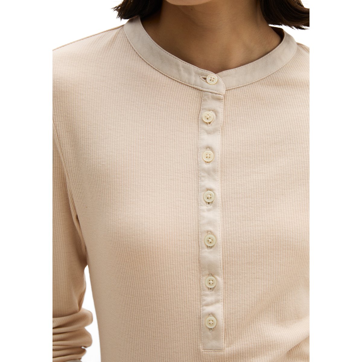 T-shirt long côtelé Henley slim en jersey stretch de coton bio Lyocell gris, MARC O'POLO