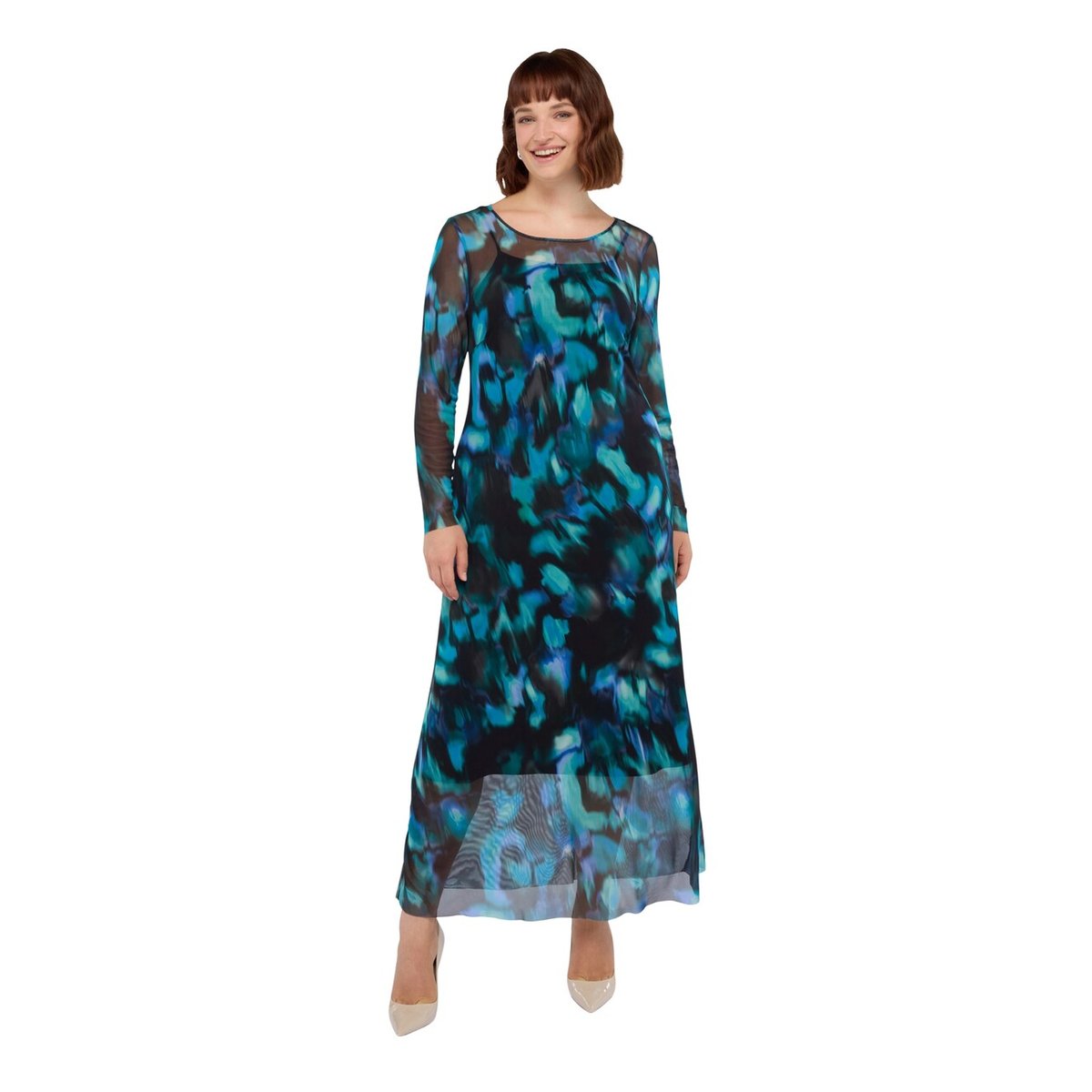 Robe longue en tulle avec imprimé dégradé petrol blue, FIORELLA RUBINO