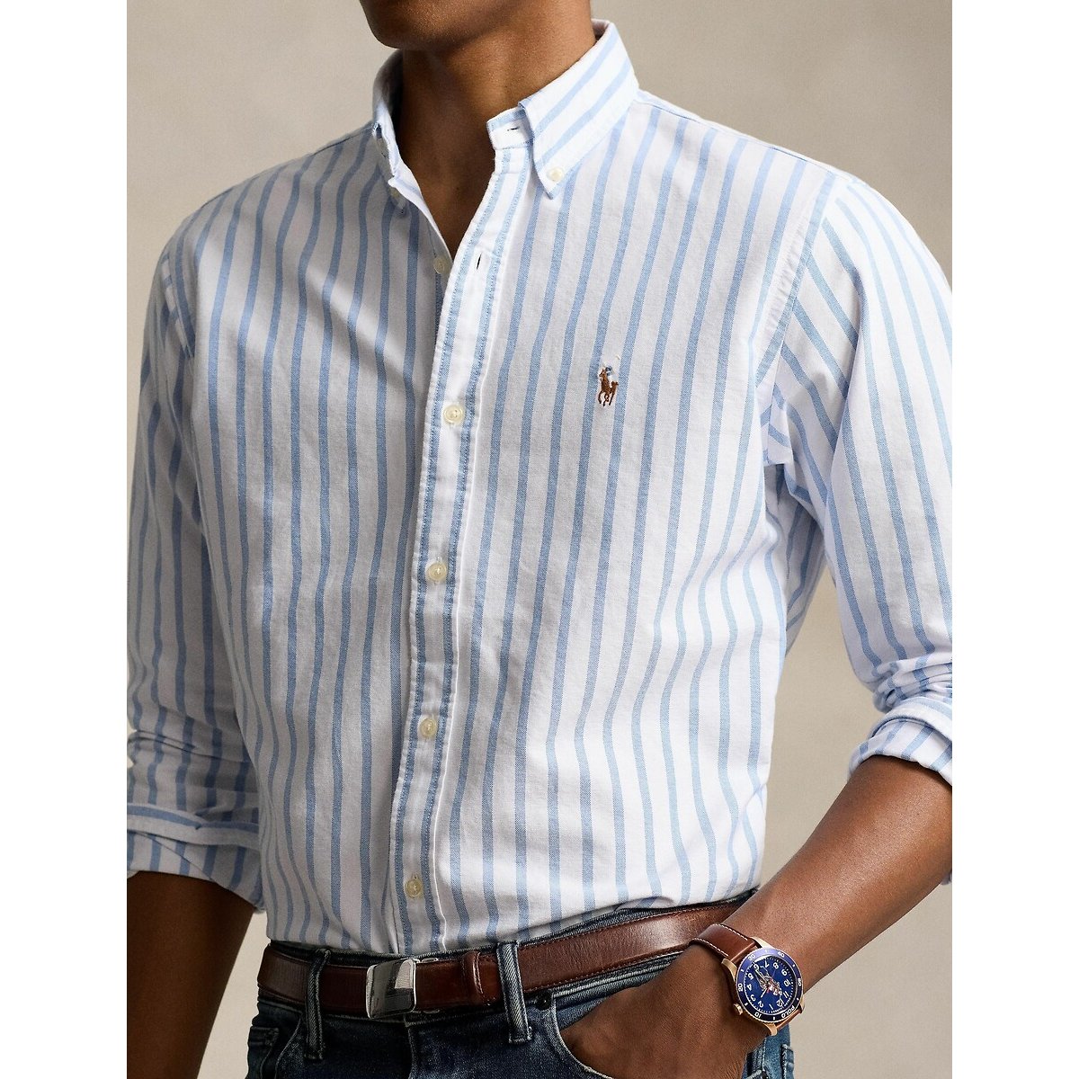 Camisa Oxford de rayas Slim Fit blanco con rayas azules, POLO RALPH LAUREN