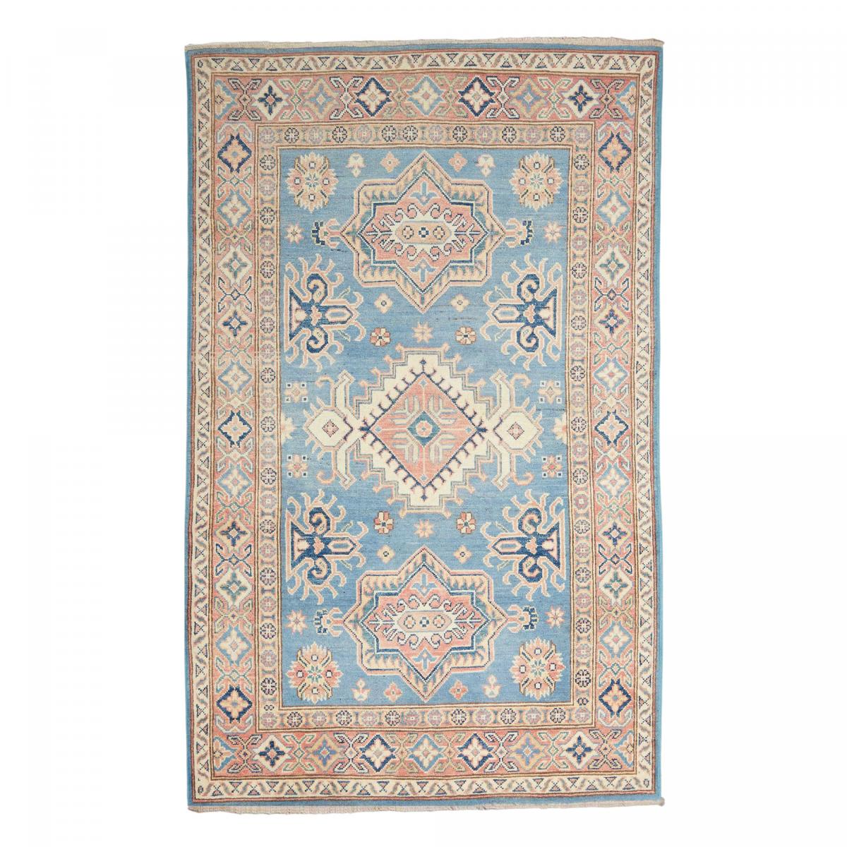 Tapis salon géométrique, laine naturelle, noué à la main, KAZAK CO 60 bleu, beige, rose, UN AMOUR DE TAPIS