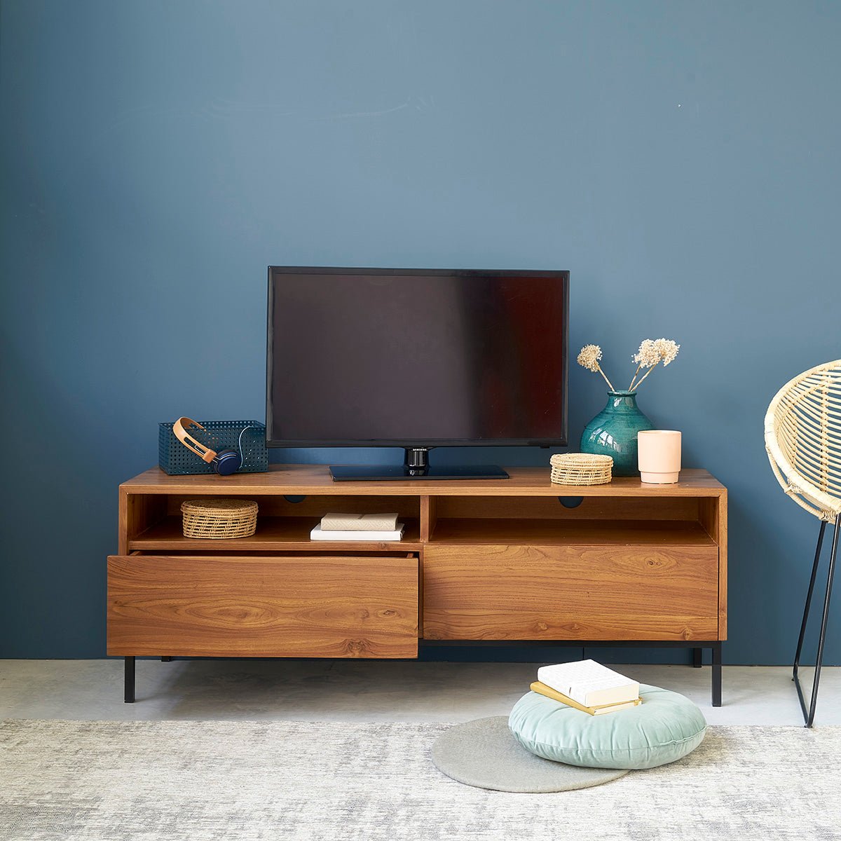 Meuble TV en bois de teck 140 cm 2 tiroirs LINA marron, BERAH GETAH