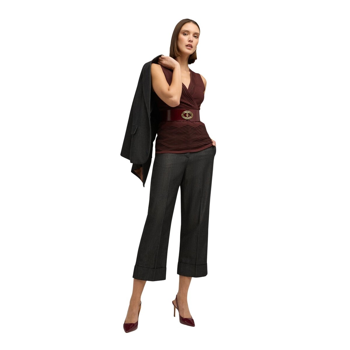 Pantalon cropped en mélange de ramie gris, MOTIVI