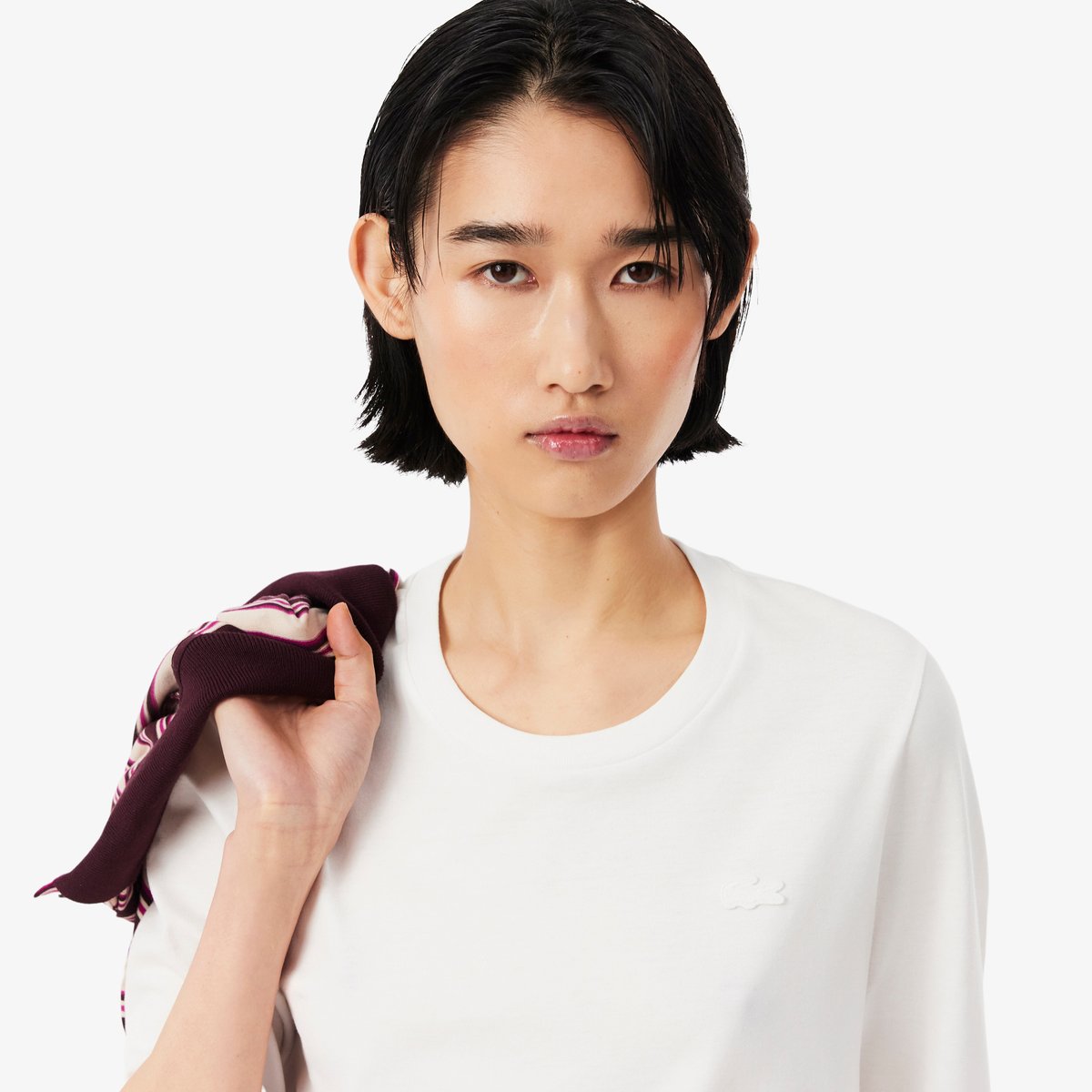 T-shirt manches trois-quarts coton doux blanc-001, LACOSTE