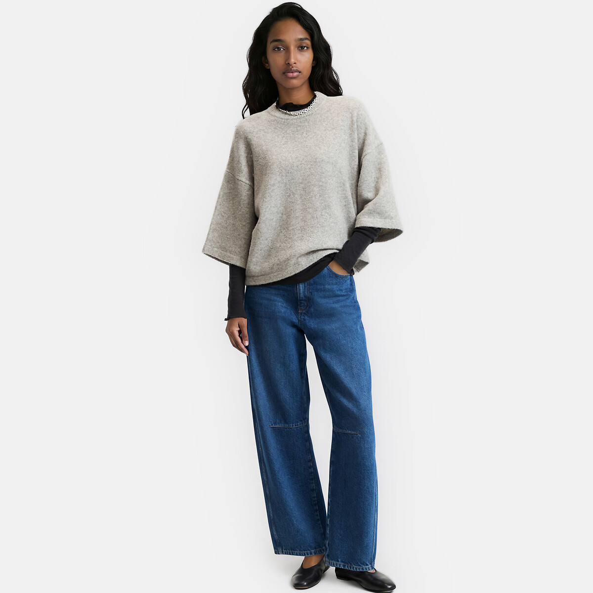 Pull col rond ample manches courtes gris chiné, LA REDOUTE COLLECTIONS