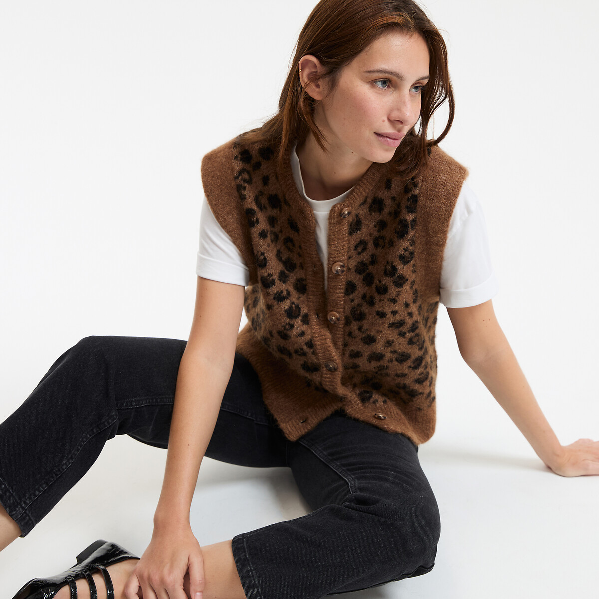 Short Sleeveless Cardigan in Leopard Print leopard print, LA REDOUTE COLLECTIONS