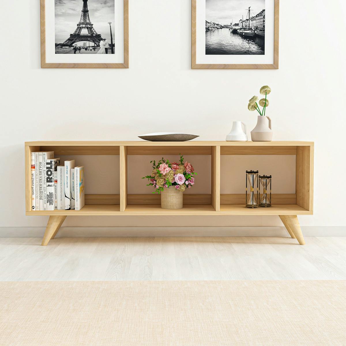 Meuble TV scandinave 3 niches ouvertes pieds obliques MARFA bois naturel, PIER IMPORT