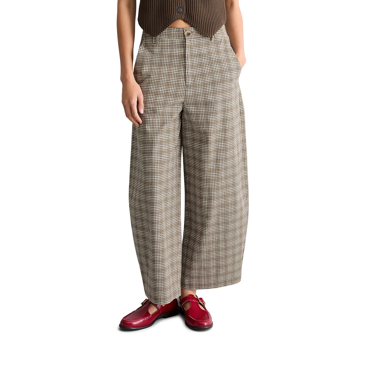 Pantalon à carreaux loose en mélange coton organique-lin dunkelbraun, MARC O’POLO DENIM