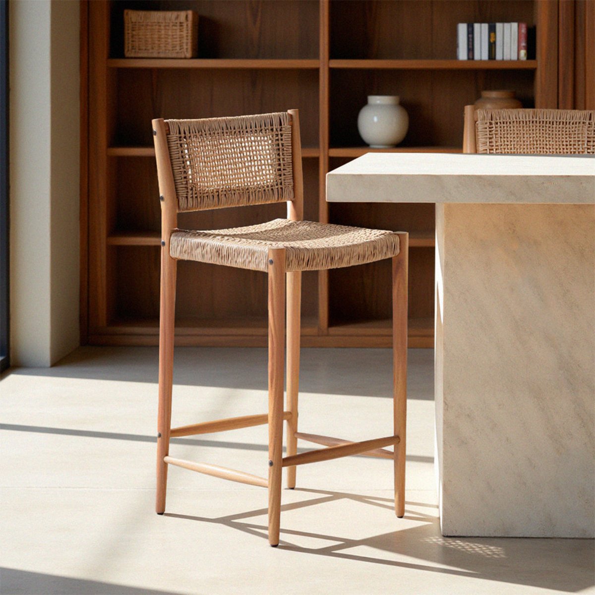 Lot de 2 tabourets de bar intérieur/extérieur en bois d'acacia et résine tressée H65cm- NURI bois clair, DRAWER