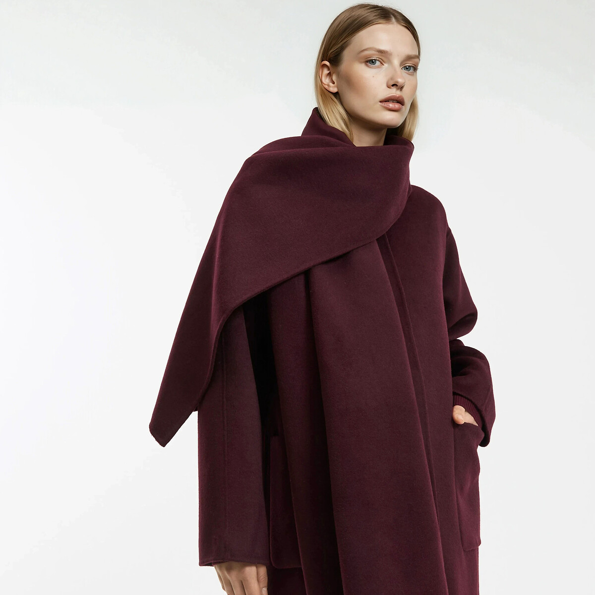 Long Buttoned Coat with Removable Scarf burgundy red, LA REDOUTE COLLECTIONS