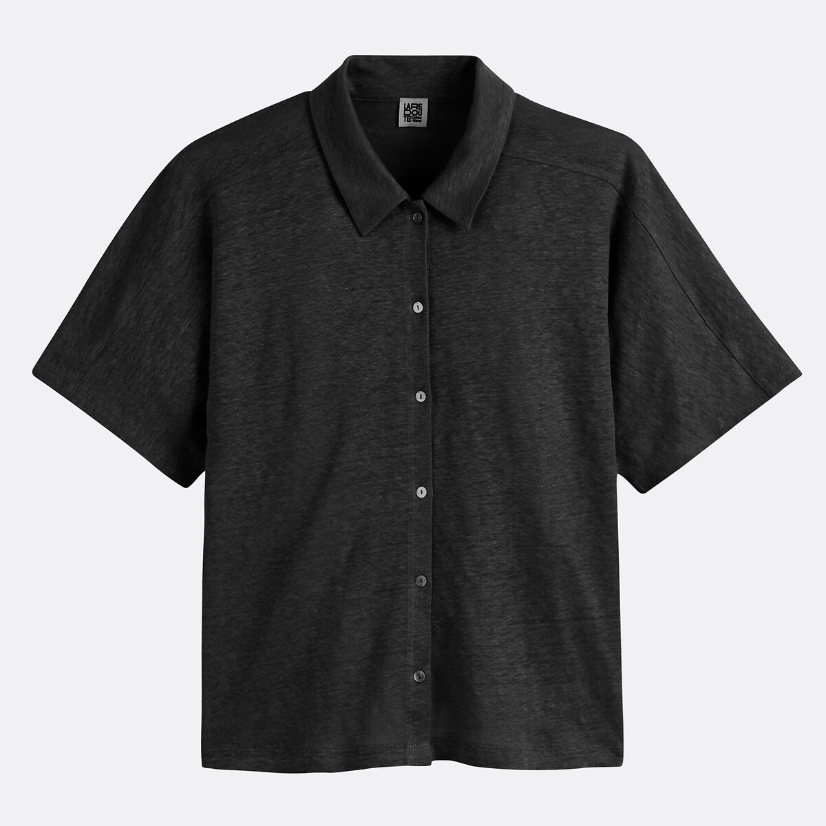 T-shirt in linnen met polokraag, korte mouwen zwart, LA REDOUTE COLLECTIONS