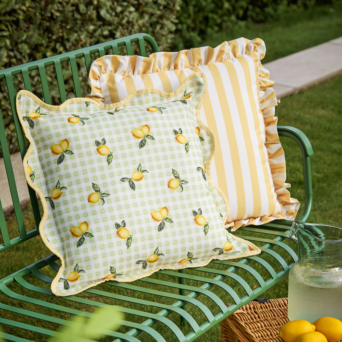 Fruits Lemons Gingham Check Outdoor Cushion sage, FURN.