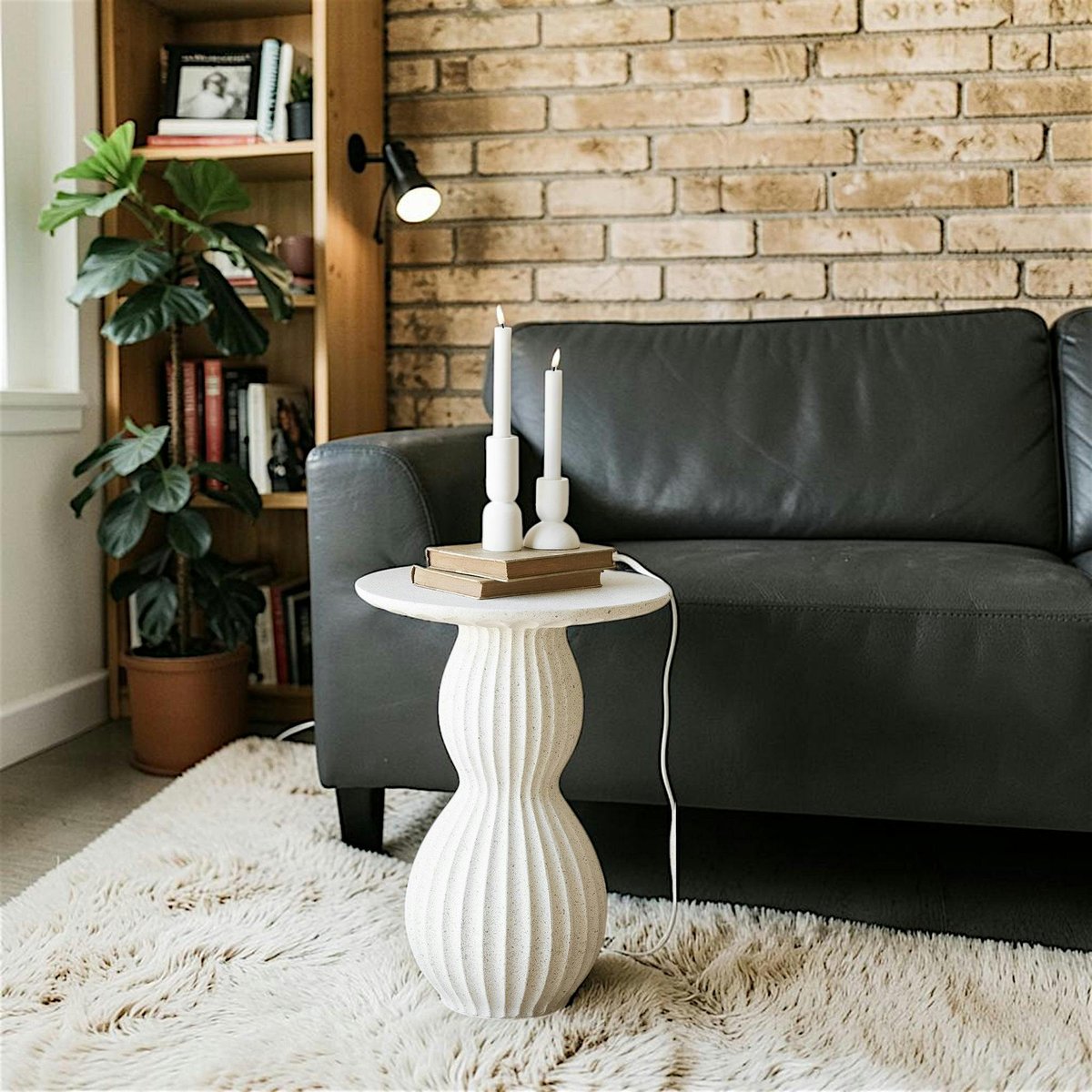 Bout de canapé blanc en fibre d'argile design sablier TULUM blanc, PIER IMPORT