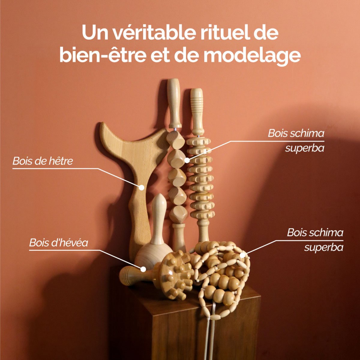 Kit complet de madérothérapie pour le corps - 6 pièces marron, VIVEZEN