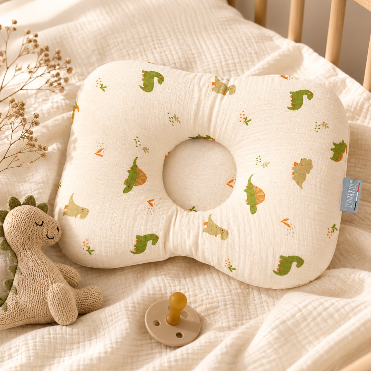 Coussin ergonomique bébé en gaze de coton Dino DINO écru, SEVIRA KIDS