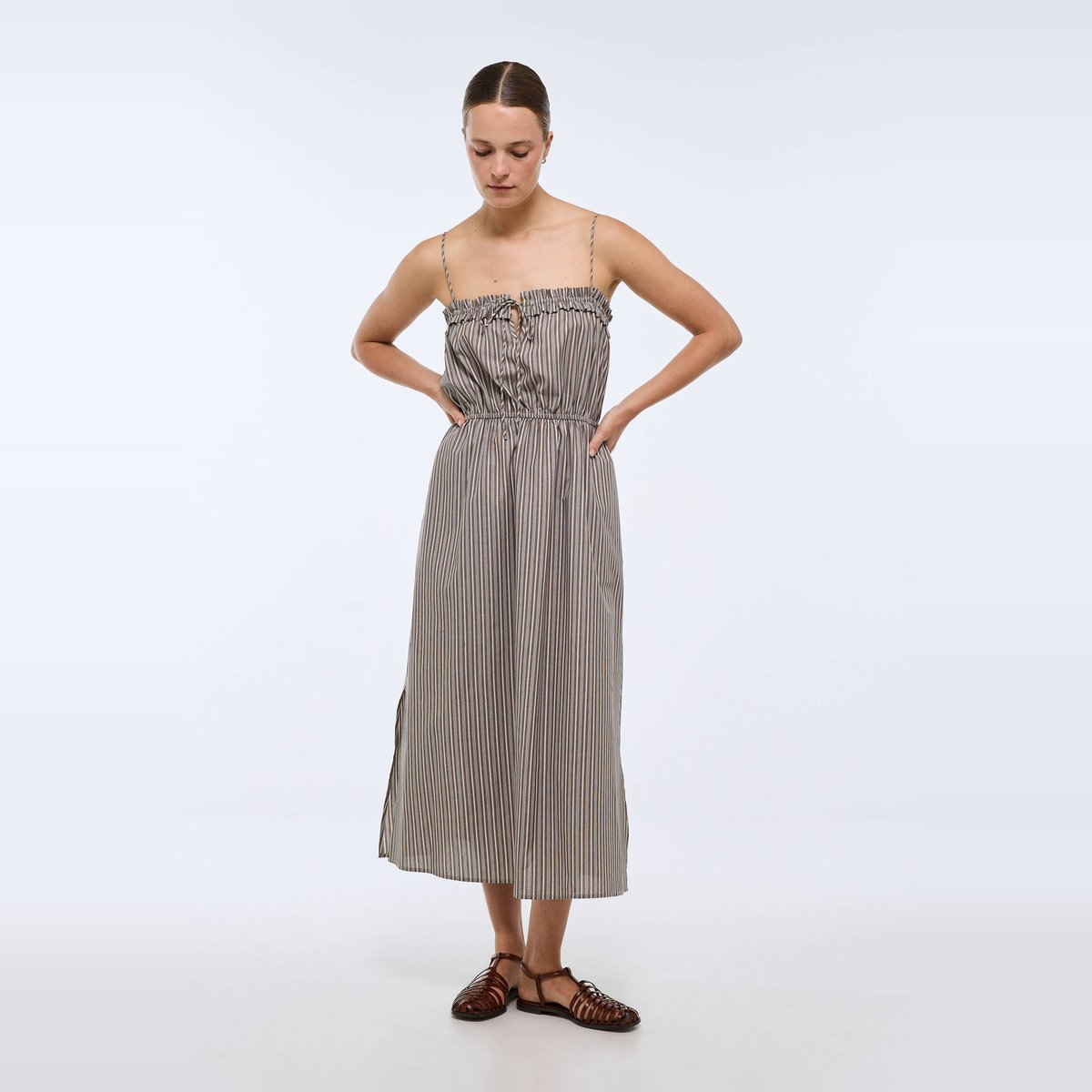 Robe longue cintrée unie en coton BIO GOTS chamelle, MONOPRIX