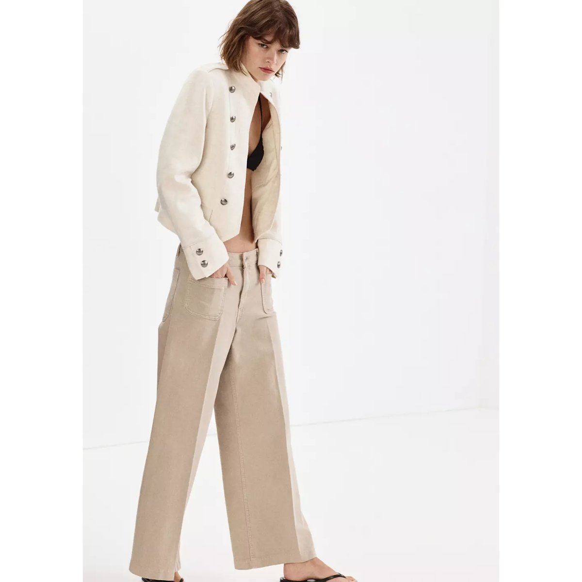 Jean wide leg poches pièce sable, MANGO
