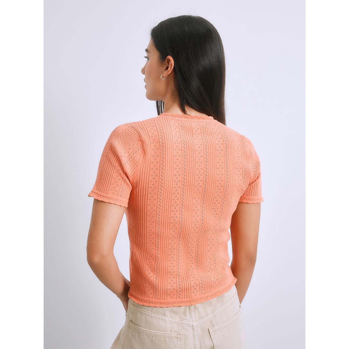 T-shirt en maille pointelle à col tunisien détails brodés orange, NEXT
