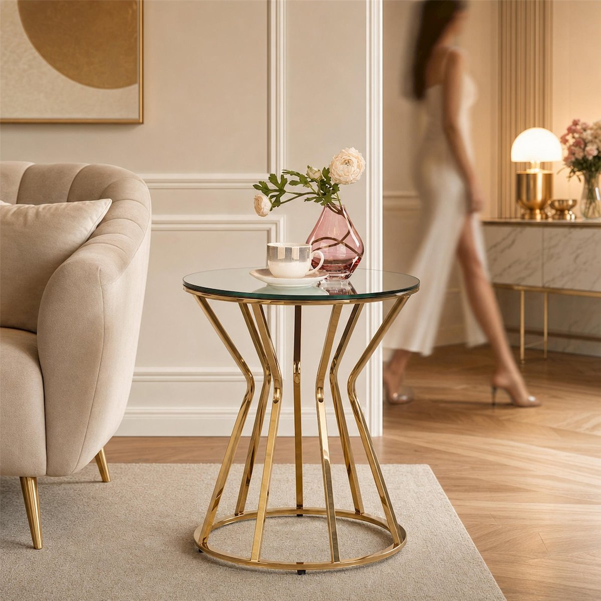 Table d'appoint ronde miroir PLIFIES doré et miroir transparent, RECOLLECTION