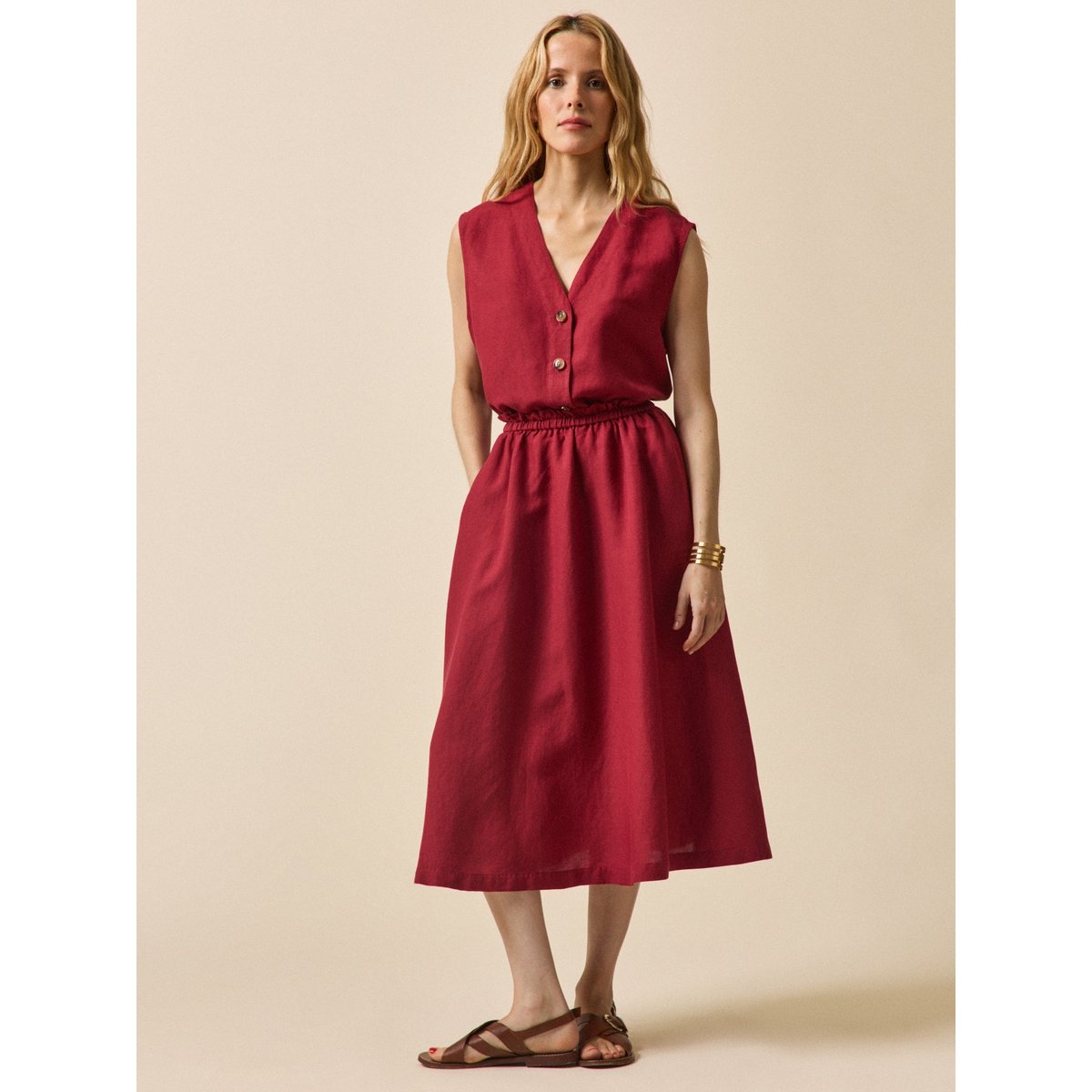 Top boutonné lin et viscose carmin, CYRILLUS