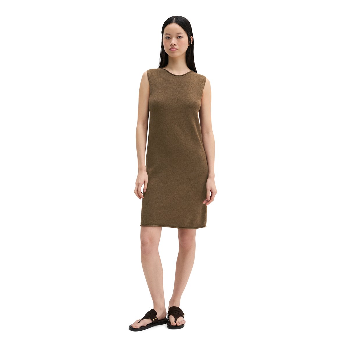 Robe en tricot sans manches shaped en mélange coton organique-lin marron foncé, MARC O'POLO