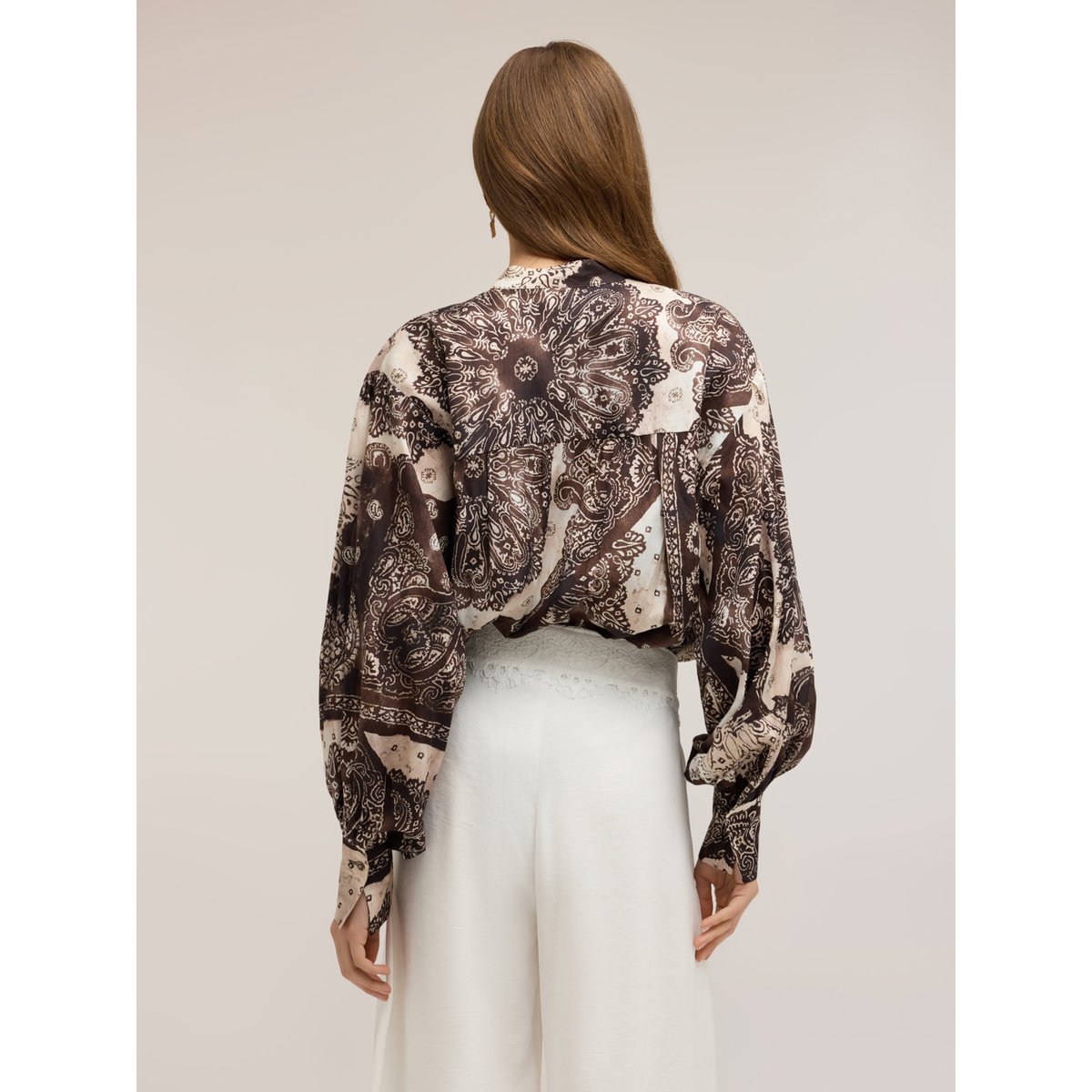 Blouse avec imprimé et manches ballon marron, MOTIVI