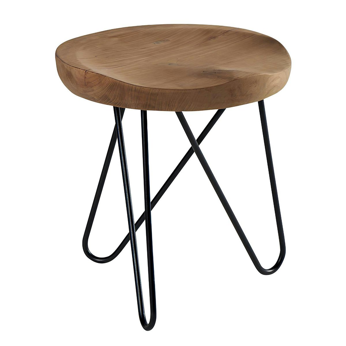 Tabouret en teck massif avec 3 pieds en épingle métal noir D40xH43cm TOWN bois naturel, PIER IMPORT