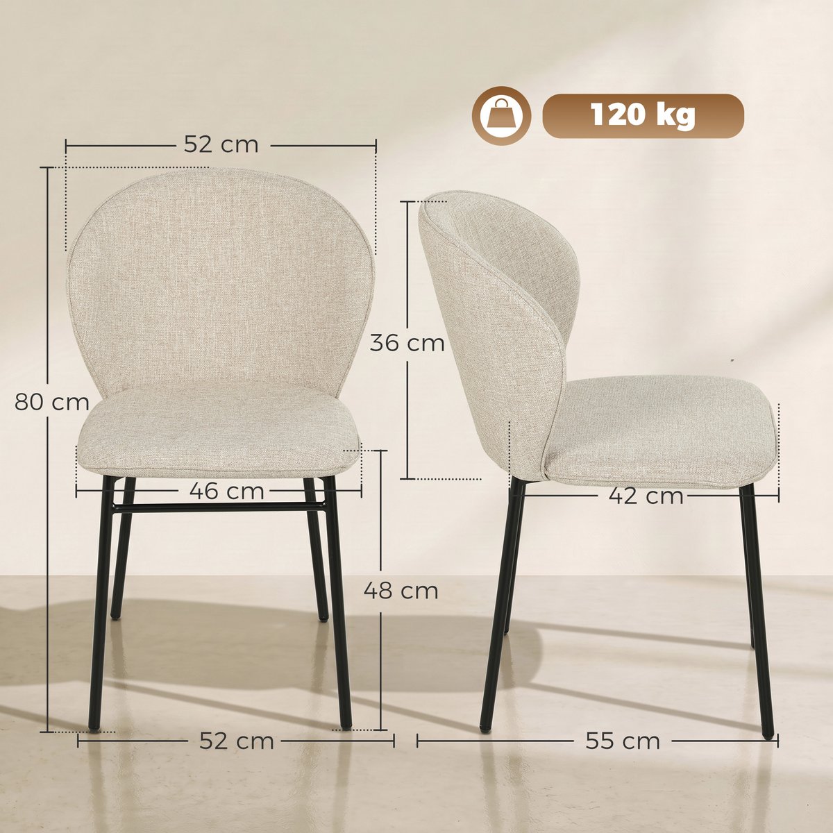 Chaise de salle à manger Tissu aspect lin crème, HOMCOM
