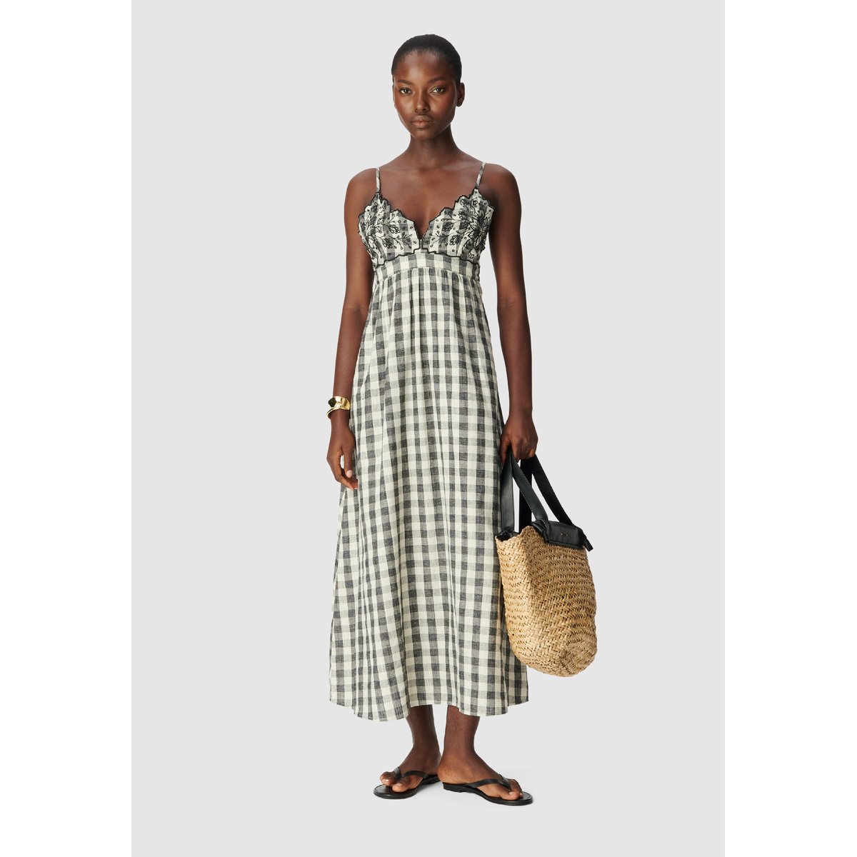 Robe longue motif carreaux et broderies ecru, IKKS