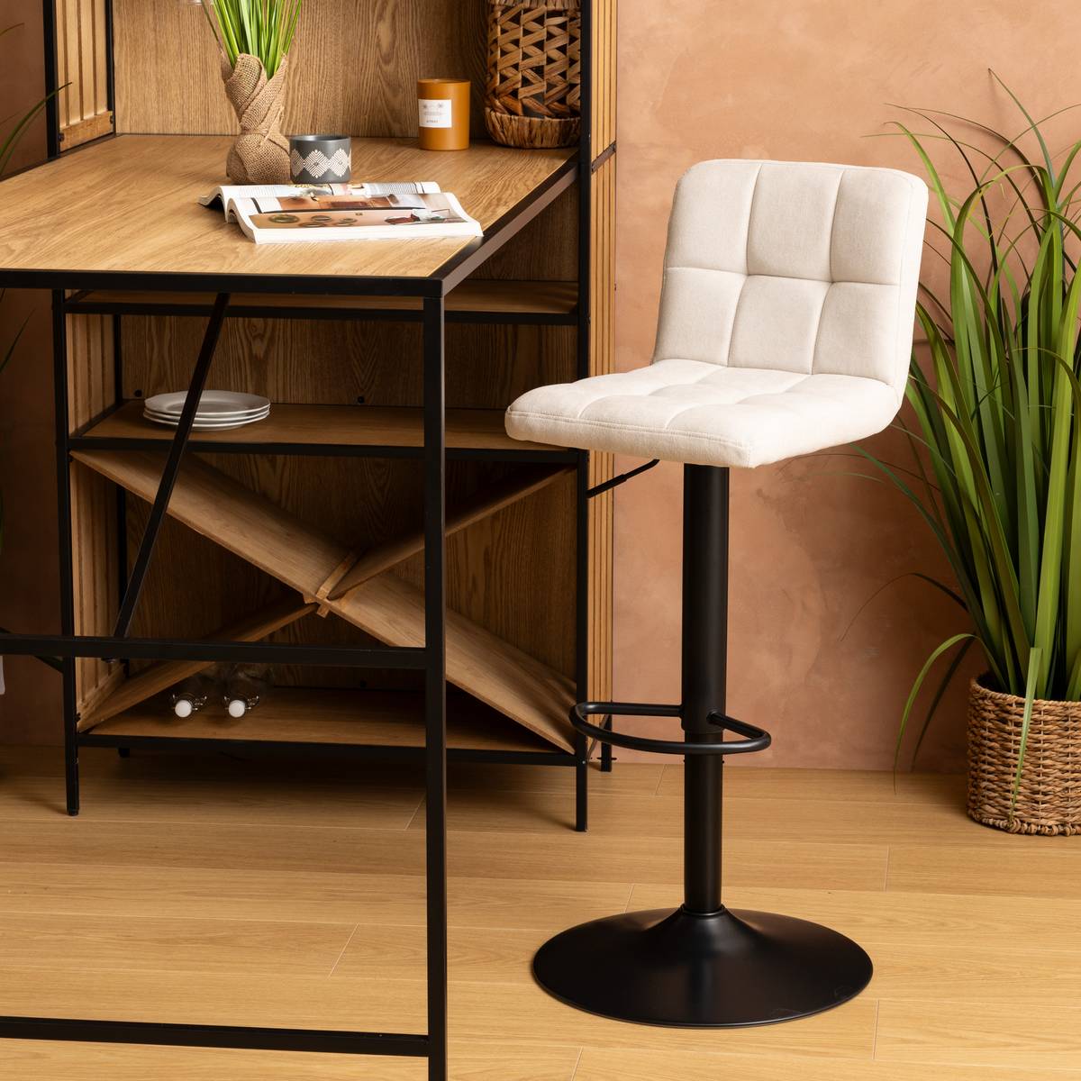 Lot de 2 tabourets de bar pivotants réglables tissu capitonné DELEK beige, ATMOSPHERA