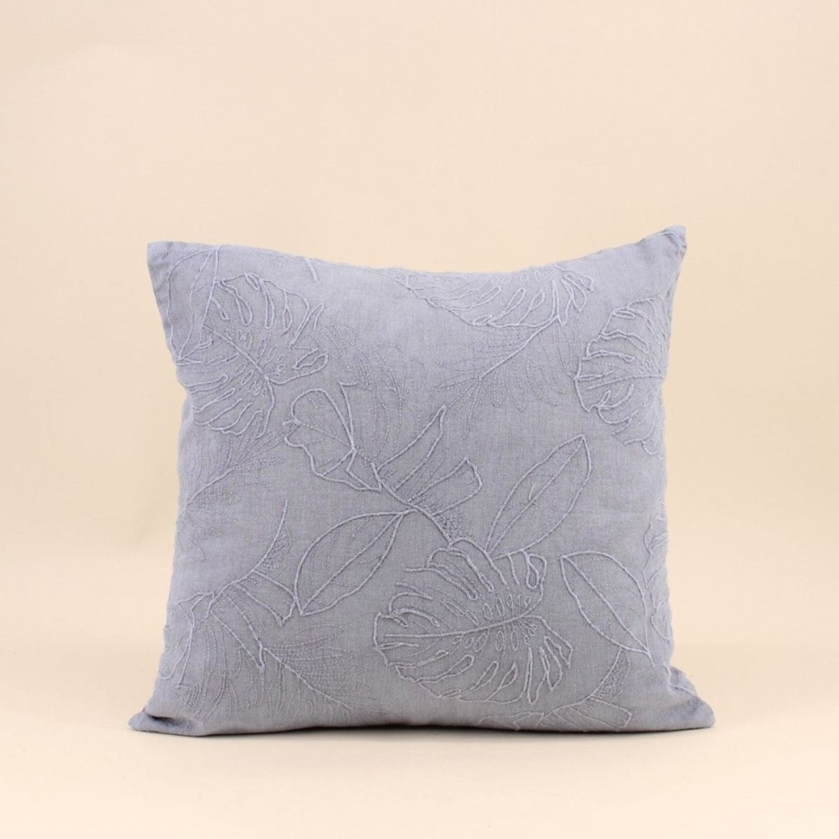 Coussin brodé feuillage avec lin 40x40cm gris, ORNAMI