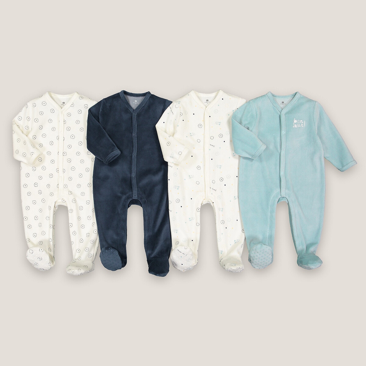Lot de 4 pyjamas 1 pièce en velours ecru + gris + bleu, LA REDOUTE COLLECTIONS