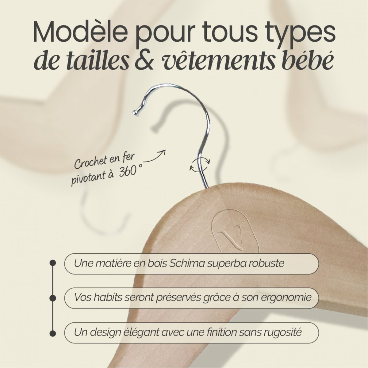 Lot de 10 cintres bébé bois clair beige, VIVEZEN