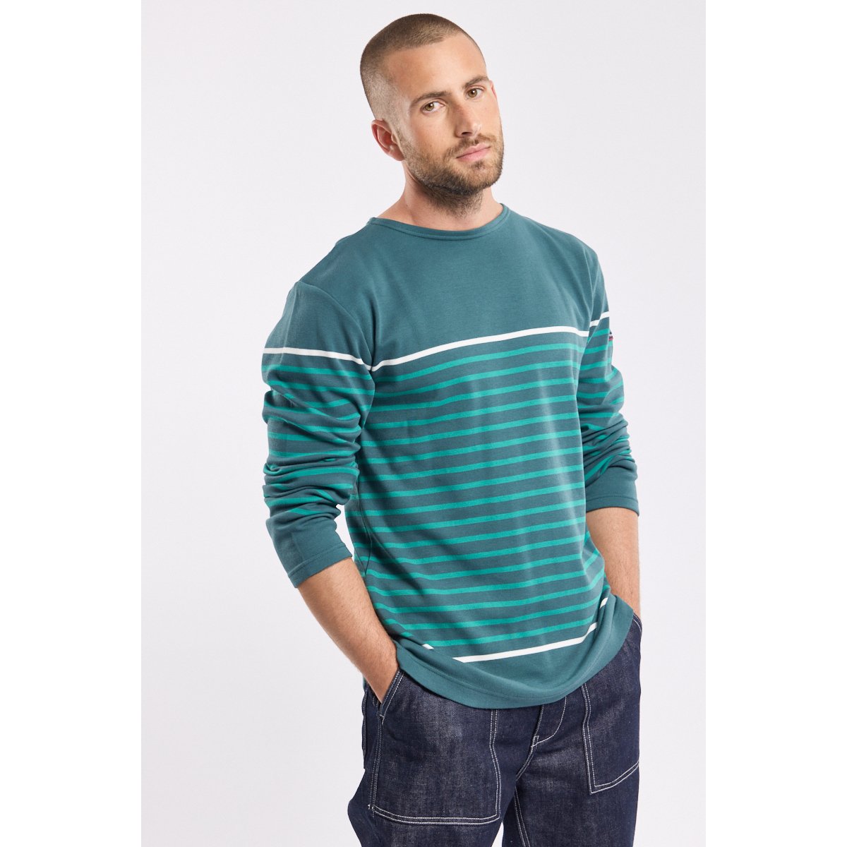 Marinière manches longues en coton dark storm/aquagreen/milk, ARMOR-LUX