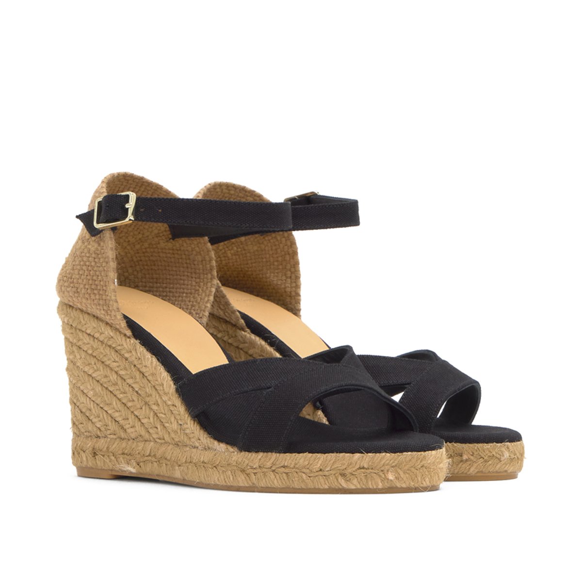 Sandales compensées en coton bio et jute tressée à bride cheville BRUNA PLATFORM noir, CASTANER