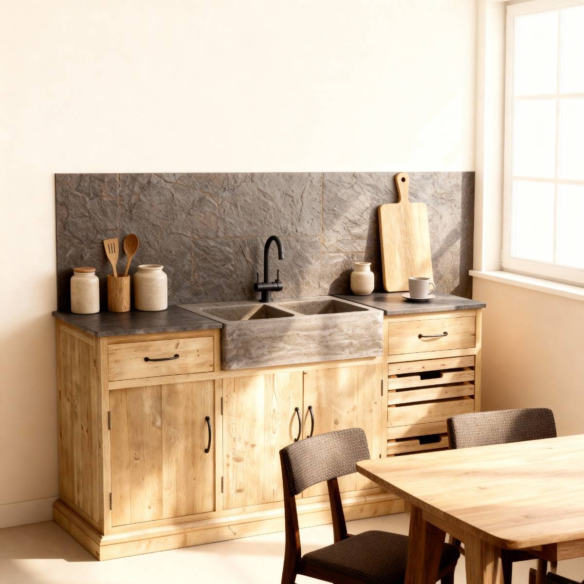 Meuble bas de cuisine en bois recyclé ROMAIN bois clair, MADE IN MEUBLES