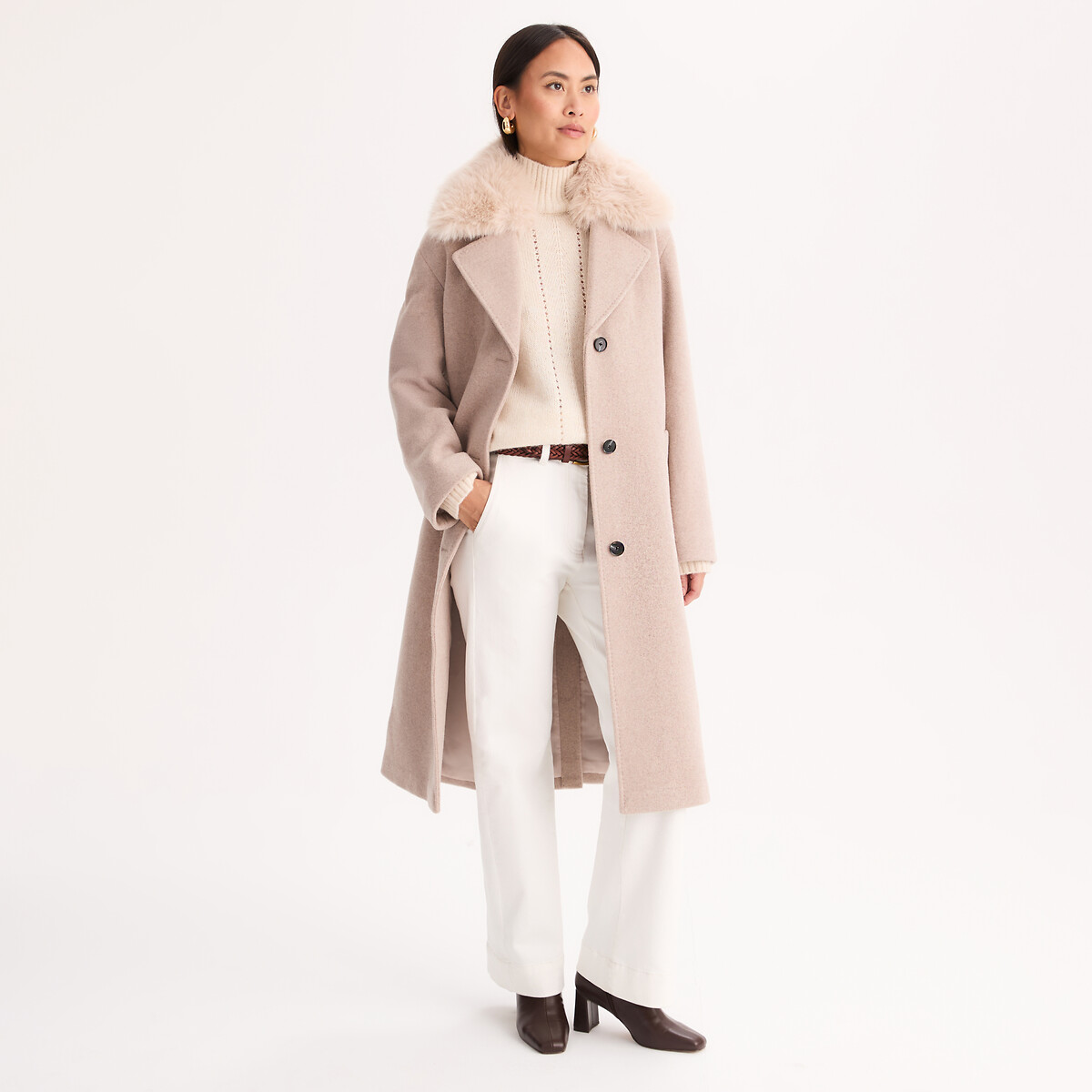 Cappotto in misto lana, con collo morbido e rimovibile beige chiné, ANNE WEYBURN