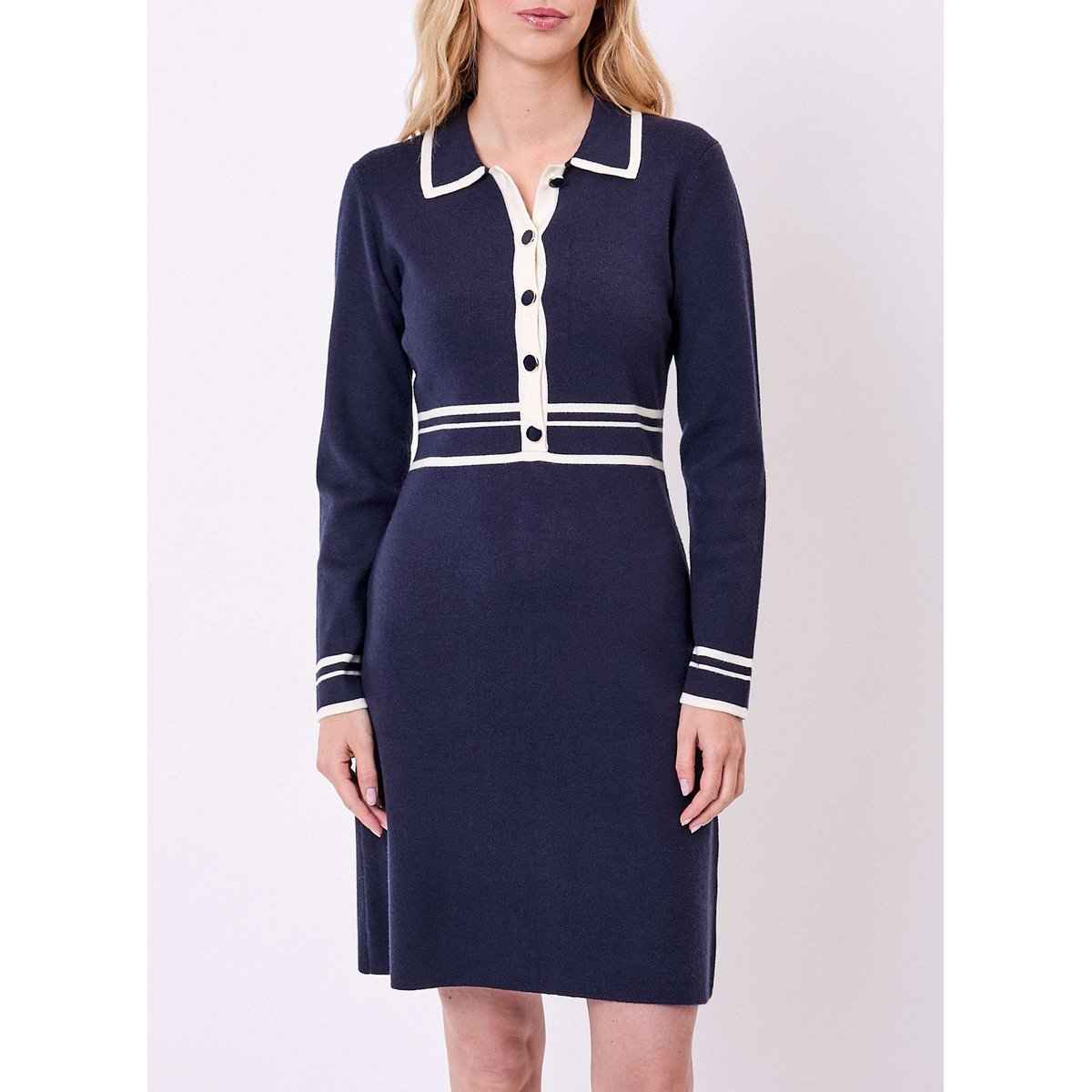 Robe maille compacte col chemisier MARGAUX bleu marine blanc, PRINCESSE NOMADE