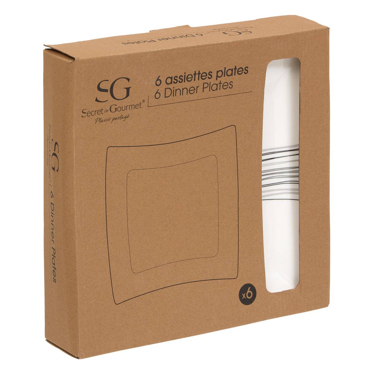 Lot de 6 assiettes plates carrées en céramique LIGNES blanc, SECRET DE GOURMET