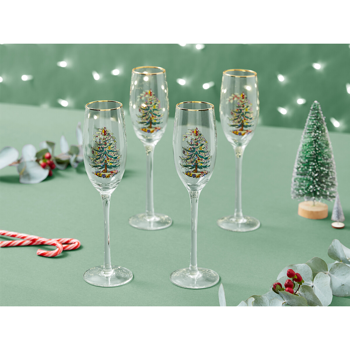 Set of 4 Christmas Tree Champagne Flute Glasses transparent, SPODE