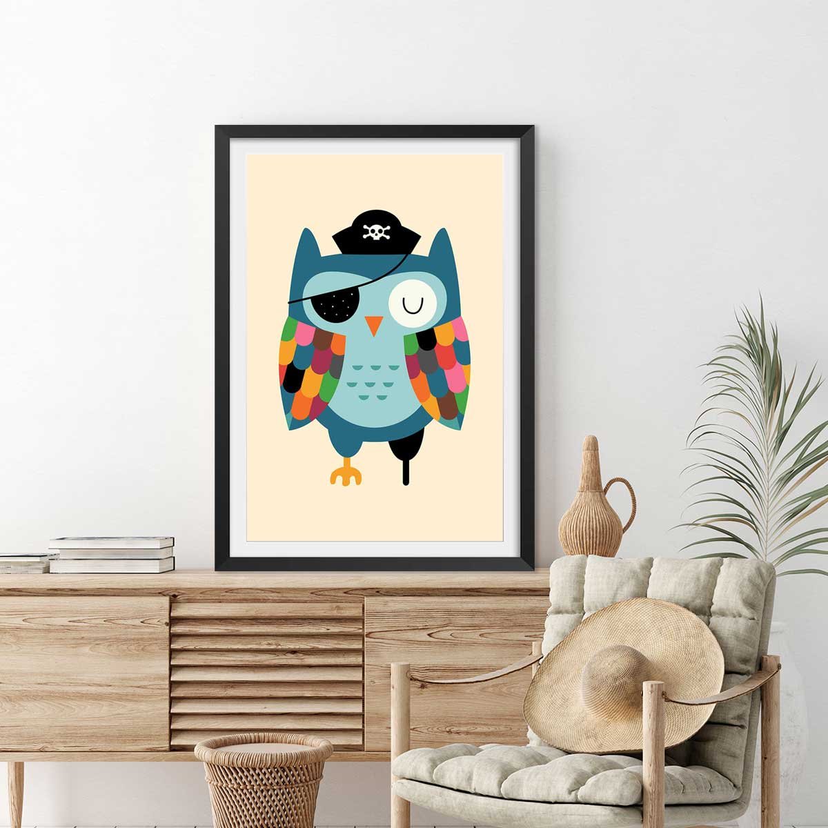 Affiche  capitaine hibou affiche + cadre en bois - noir, HEXOA