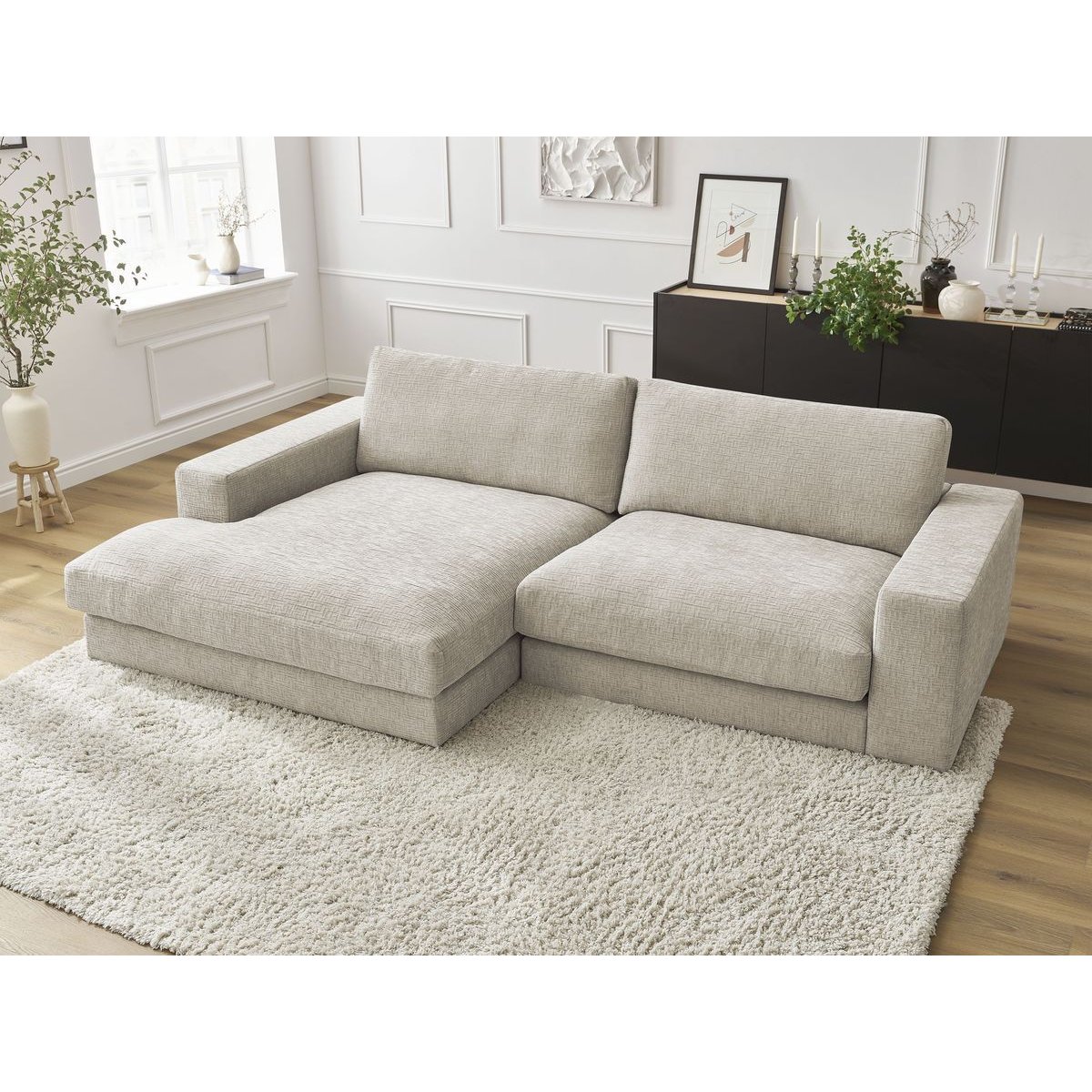 Canapé d'angle fixe 4 places en tissu texturé, LEONARD beige, BOBOCHIC