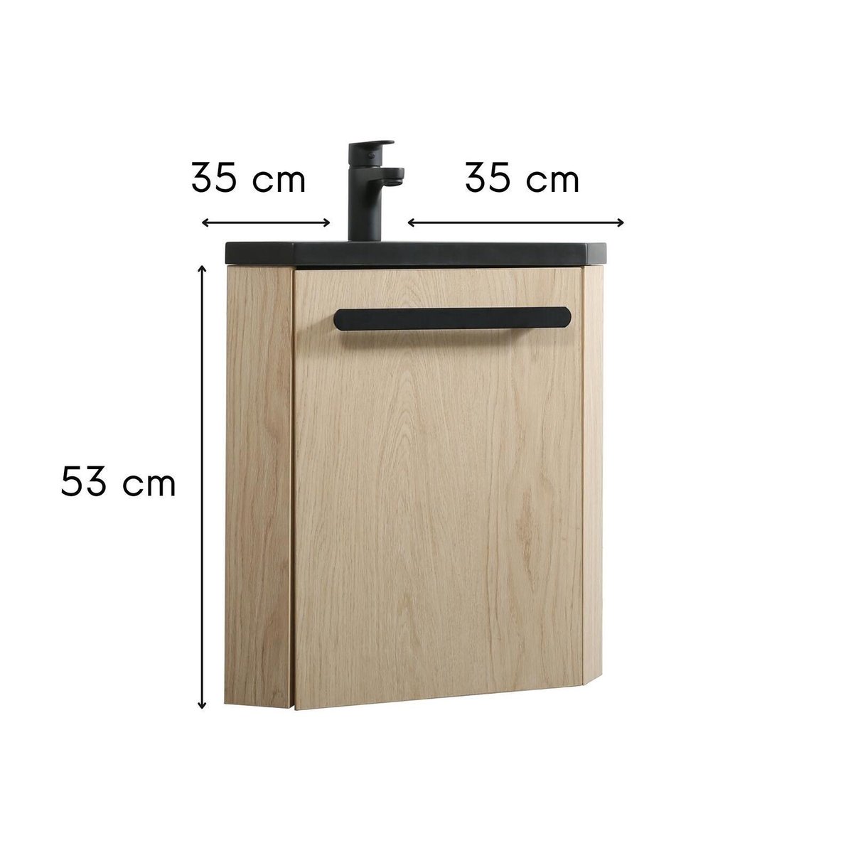 Ensemble lave-mains d'angle suspendu avec robinet noir SKINO décor chêne (vasque noire), MOB IN