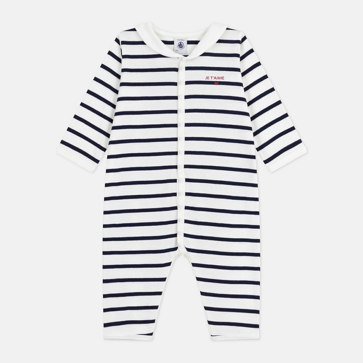 Pigiama in cotone, senza piedi, con stampa a righe rigato blu, PETIT BATEAU