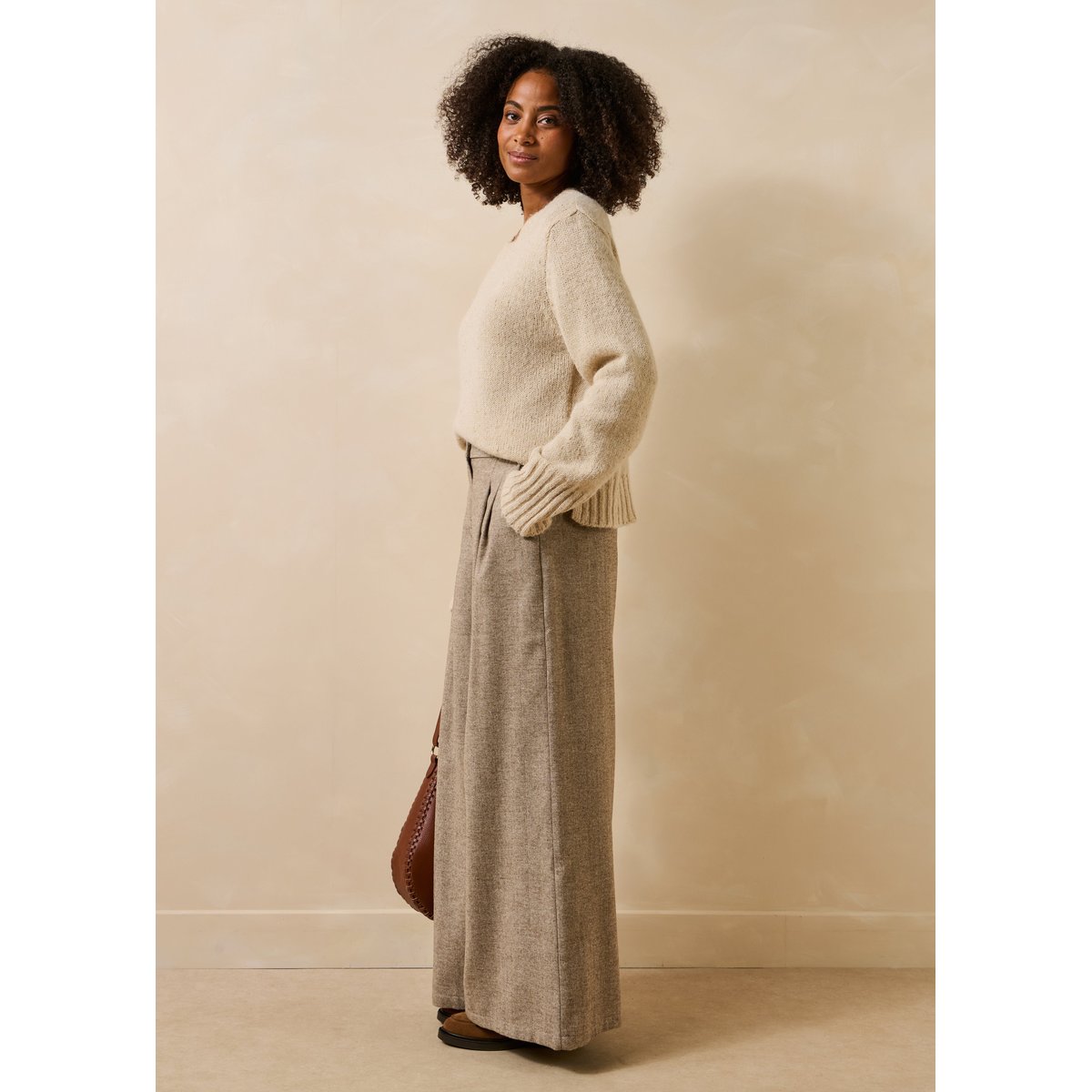 Pantalon oversize en tweed greige, LA FEE MARABOUTEE