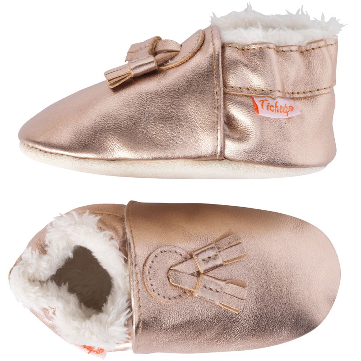 Chaussons cuir souple fourrés à pampilles rose, TICHOUPS