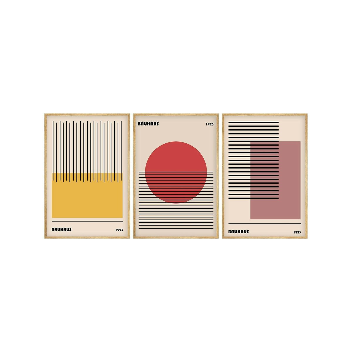 Tableau abstrait – style Bauhaus, cadre bois (lot de 3) multicolore, PIER IMPORT