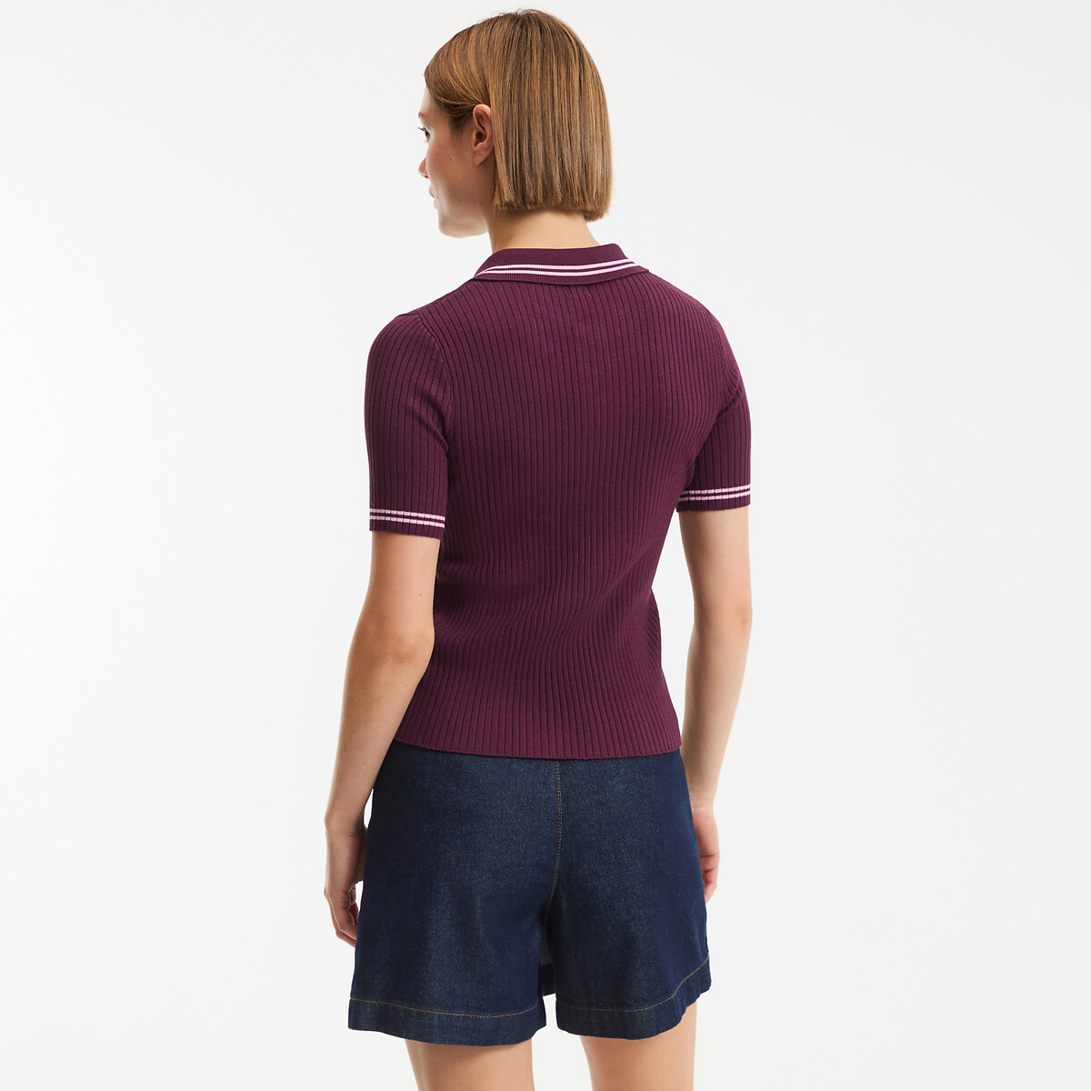 Pull col polo, manches courtes, en fine maille côtelée violet prune, LA REDOUTE COLLECTIONS