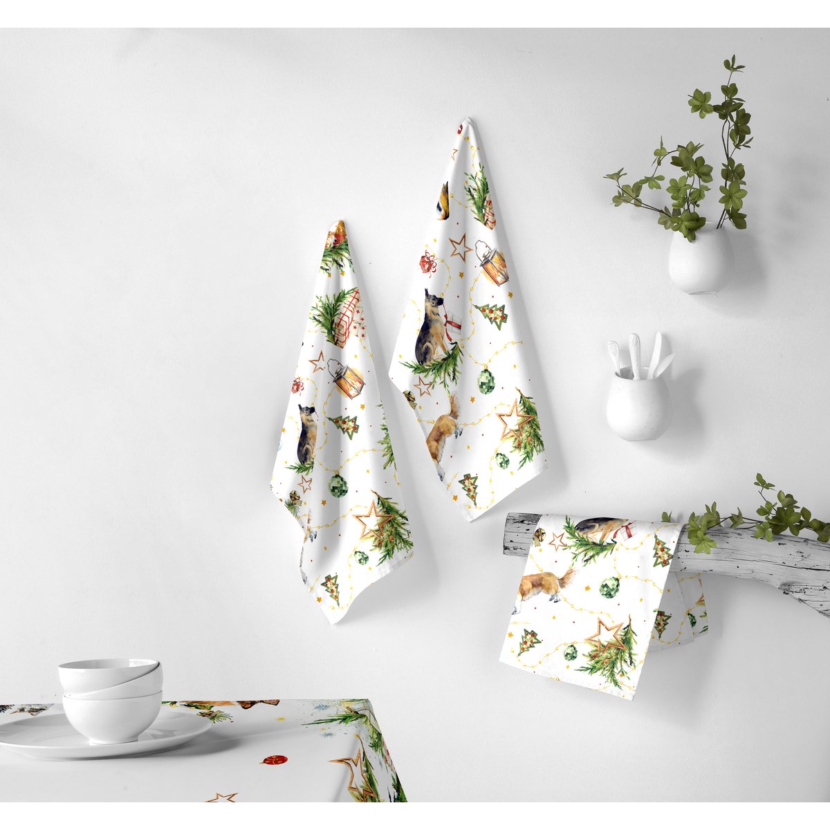 Lot de 2 torchons de NOËL PUPPIES 50x70 cm blanc/rouge, NAF NAF HOME