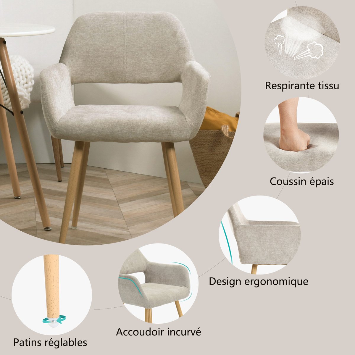 Ensemble de table à manger ronde avec 2 chaises, CLIFTWHITESET blanc et beige, MEUBLES COSY