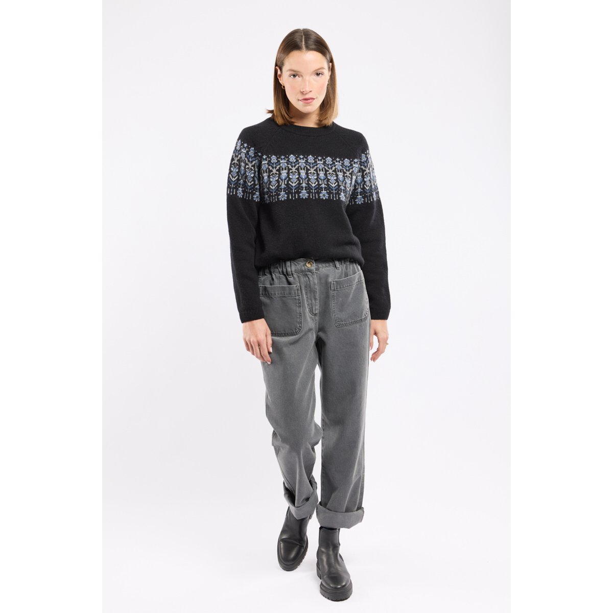 Pull jacquard Héritage - laine jacquard fleurs noir, ARMOR-LUX